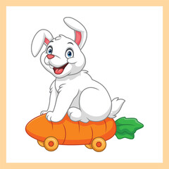 Cartoon white rabbit riding a carrot that has been turned into a car