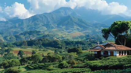 Scenic countryside with lush greenery and mountains, featuring a rustic house amidst the vibrant landscape under a bright blue sky.