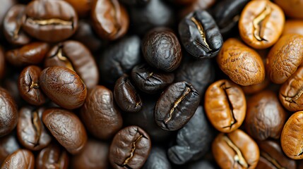 Obraz premium Close-up image of assorted colorful coffee beans ranging from light to dark roasts, showcasing their unique textures and colors.