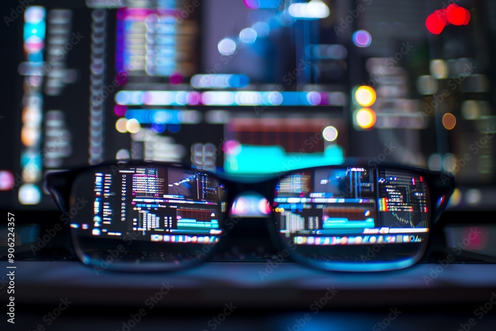 Fototapete Abstract reflection of computer screen with coding and bokeh lights.