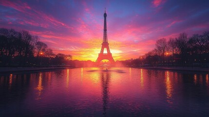 A serene image of the Eiffel Tower reflecting in the calm waters of a fountain at dusk