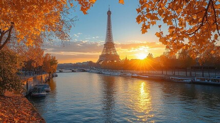 A serene morning view of the Eiffel Tower with boats on the Seine