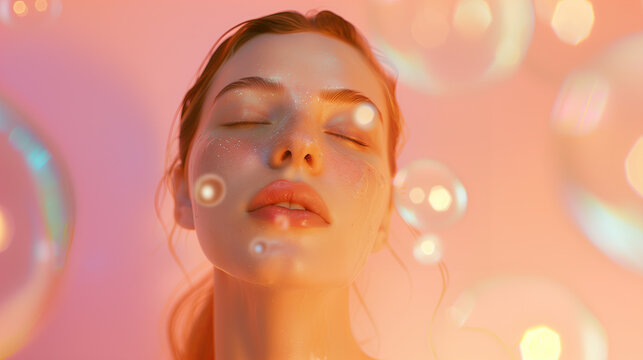 Dewy Skinned Model on Soft Minimalist Background with Floating CLA Extracts Highlighting Natural Beauty and Glow