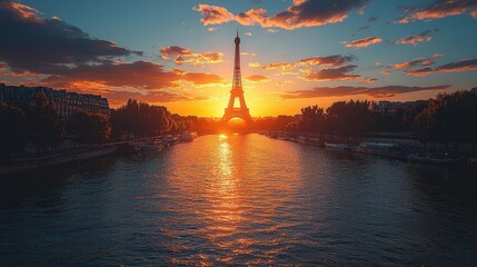 A serene sunset over the Seine River with the Eiffel Tower silhouetted against the sky