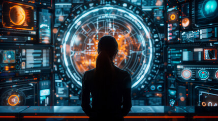 Fototapeta premium A person gazing at a futuristic interface, surrounded by vibrant data visualization and technology, evoking a sense of discovery and innovation.