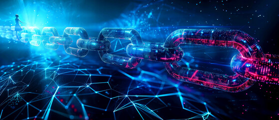 Naklejka premium Futuristic visualization of a blockchain with interconnected links in glowing blue and pink colors, representing innovation and technology.
