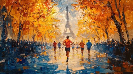 A vibrant depiction of a marathon in Paris with cheering crowds