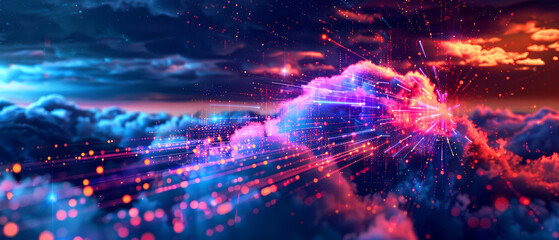 Fototapeta premium Vibrant clouds illuminated by dynamic light, showcasing a fusion of colors and textures in an ethereal digital landscape.