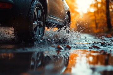 Dynamic Car Driving Through Puddle with Splashing Water - Action-packed Automotive Scene