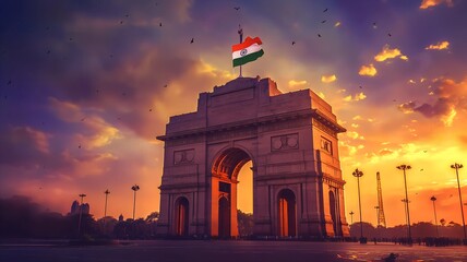 India Gate with Indian flag under clear sky, ideal for Republic Day and national pride events