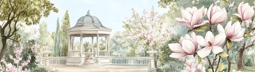Obraz premium A serene garden scene featuring a gazebo surrounded by blooming magnolia flowers and lush greenery, perfect for peaceful moments.