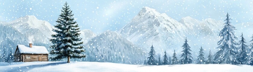 Naklejka premium A serene winter landscape featuring a cozy cabin surrounded by snow-covered mountains and evergreen trees under a soft snowfall.