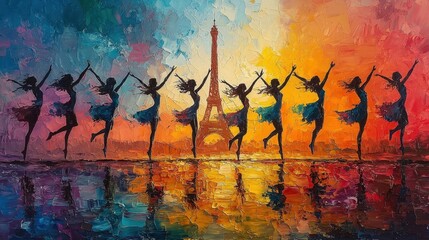 An artistic depiction of gymnastics in front of the Eiffel Tower