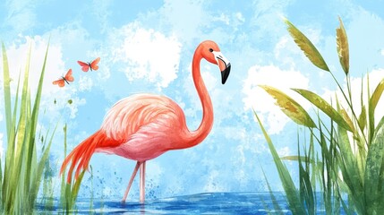 Fototapeta premium A vibrant illustration of a flamingo standing gracefully by the water, surrounded by lush greenery and butterflies in a serene landscape.