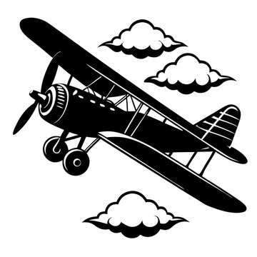 black biplane flying among clouds clip art preview