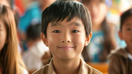 A cheerful boy smiles while engaged with classmates in a vibrant classroom setting