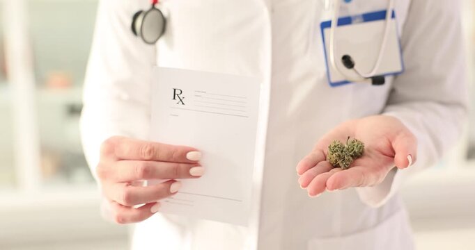 Doctor holds medical marijuana and prescription