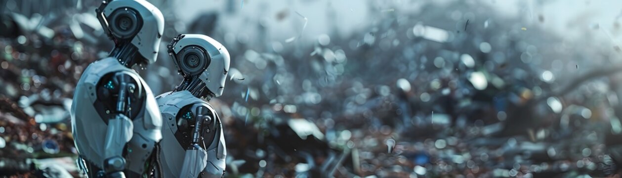 Two futuristic robots stand in a dystopian landscape filled with debris, symbolizing a post-apocalyptic world and advanced technology.