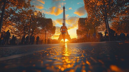 An artistic image of an athlete crossing the finish line with the Eiffel Tower behind