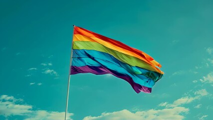 A rainbow flag is flying in the sky. The flag is colorful and vibrant, and it is against a blue sky. The flag represents the LGBTQ community and their pride in their identity. Concept of freedom