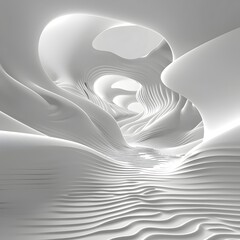 A surreal landscape featuring fluid, organic shapes with smooth curves and waves in a minimalist white design, creating an ethereal, futuristic atmosphere.