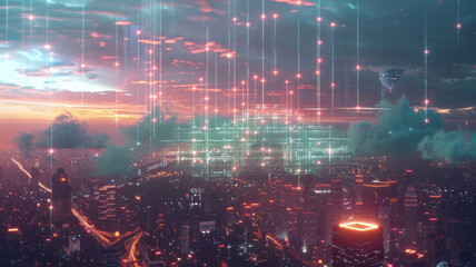 Fototapeta premium Interconnected Global Cloud Computing Network Bridging Digital Data Across Cities and Countries