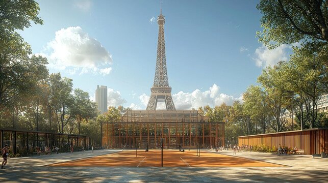 An artistic representation of a weightlifting event in front of the Eiffel Tower