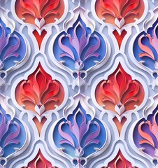 3d seamless pattern, paper cut style, oriental ornament, blue red purple colors, white background 