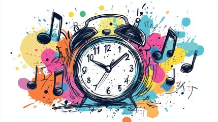 A vibrant illustration of an alarm clock surrounded by colorful musical notes, symbolizing the harmony of time and music.