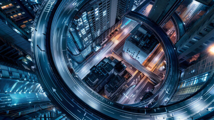 Obraz premium top view , night , roundabout interchange of a city, Expressway is an important infrastructure