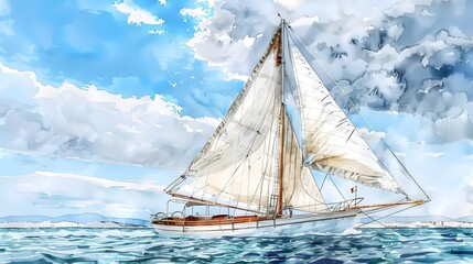 Fototapeta premium Elegant sailboat with white sails, cutting through clear blue waters under a vibrant sky filled with dynamic clouds, a serene coastal landscape in the distance.