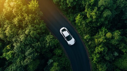 A white car is driving down a winding road through a forest