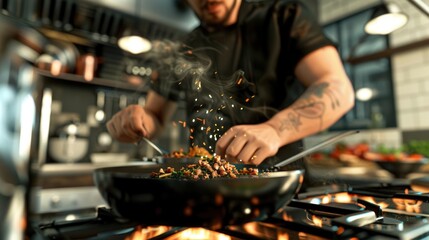 A Gen Z chef cooking a trendy recipe in a stylish, modern kitchen