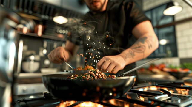 A Gen Z chef cooking a trendy recipe in a stylish, modern kitchen
