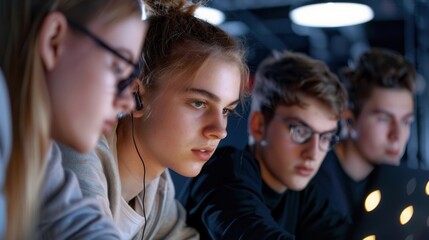 Obraz premium A Gen Z group participating in a hackathon, brainstorming and coding innovative solutions