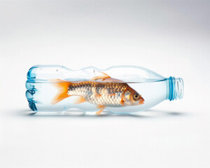 The Generative AI photo of a fish stuck in plastic ocean pollution. Isolated on a white background. Environment protection concept