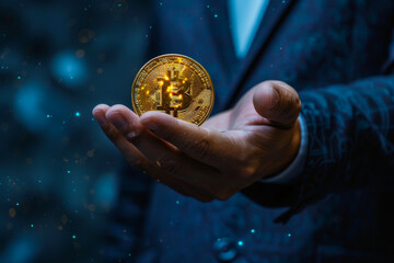 man in rich suit showing bitcoin coin in own hand and yellow forex trading graphic down on the background