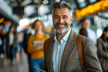 Fototapeta premium Smiling Businessman in Airport Terminal Melding Business and Travel, Staying Connected with Digital Tablet.