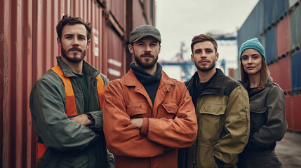 Fototapeta premium The trustworthy expressions of men and women working at a container loading dock at a port doing export and import business. Generative AI