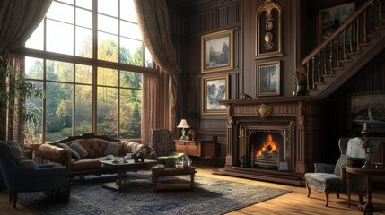 A large living room with a fireplace and a view of the outdoors