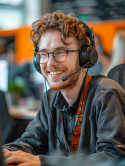 Smiling customer service representative in a contemporary call center