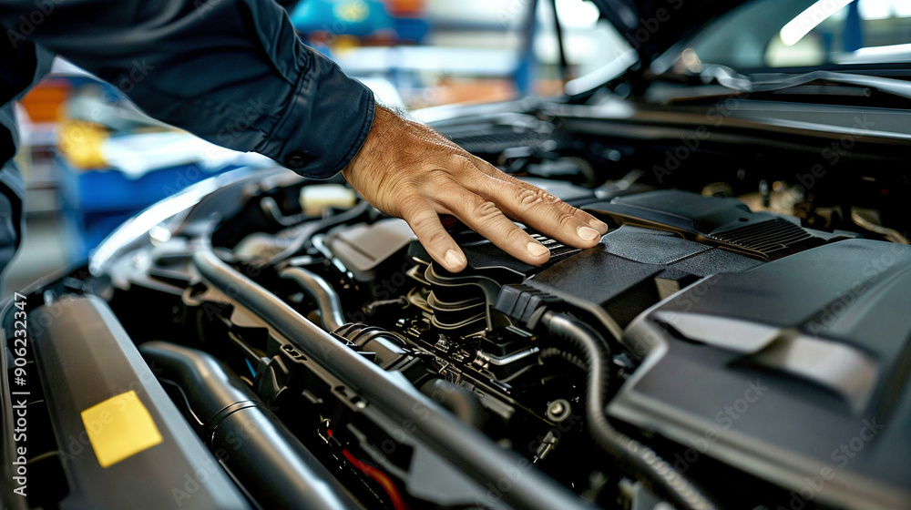 Wall mural a close-up photo of a mechanic's hands examining a car's engine at an auto repair shop, a photo that