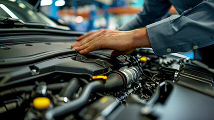 A close-up photo of a mechanic's hands examining a car's engine at an auto repair shop, a photo that can be used in car maintenance advertisements, Generative AI