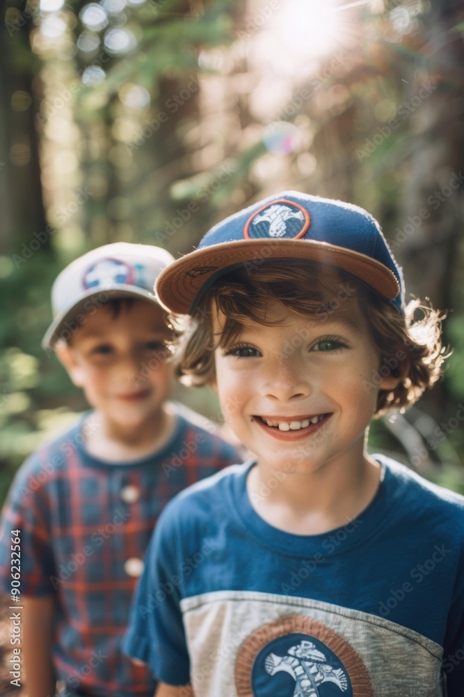 Canvas Prints two boys smile while standing in the woods. ai.