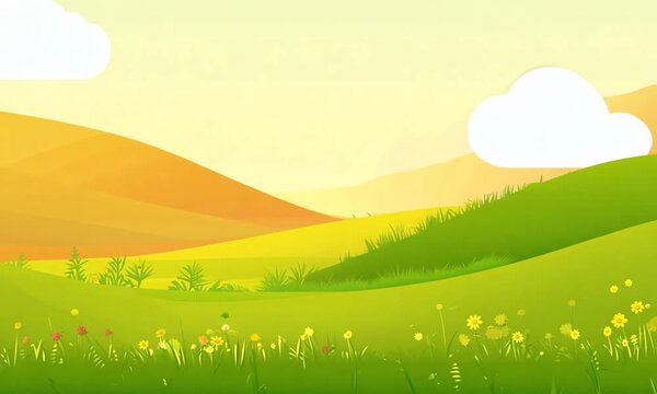  View of summer landscape, green meadows and hills, vector illustration
