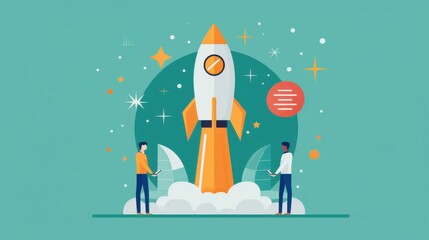 Startup pitch, young entrepreneurs presenting ideas, flat design illustration