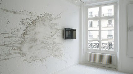 Modern minimalist style, blank living room, white color, wide angle view