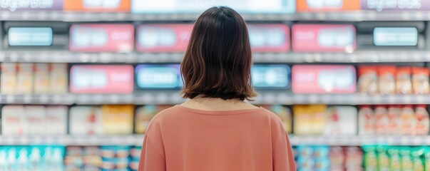 Shopper exploring digital price tags in futuristic store, savvy shopper, tech integrated shopping