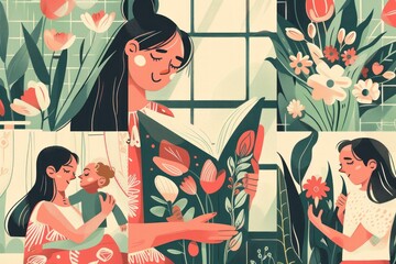Whimsical collection of illustrations celebrating mothers, capturing the essence of love and happiness with playful and touching depictions of maternal warmth and care.