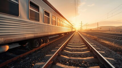 Fototapeta premium travel by train through landscapes close up, focus on, copy space sweeping views, Double exposure silhouette with journey